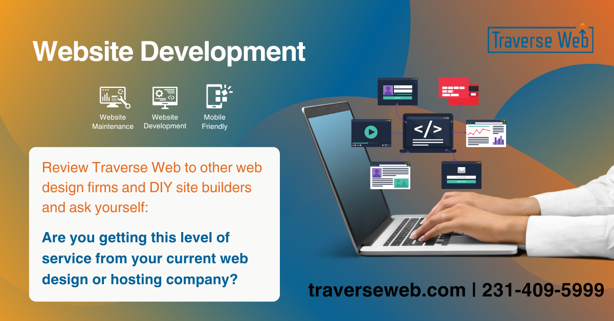 A side-by-side comparison of Traverse Web vs. DIY website builders, highlighting customer service, updates, hosting, and real support.